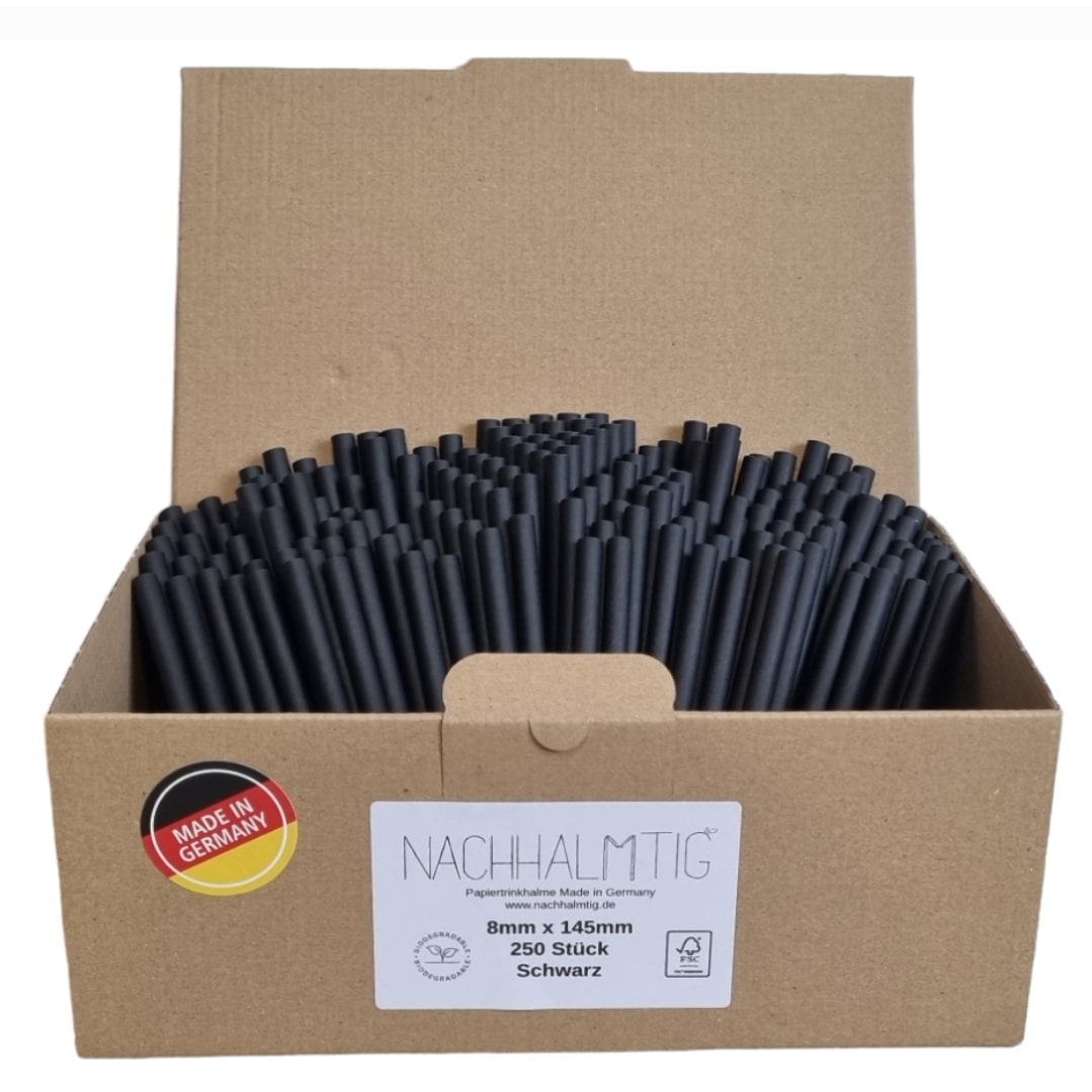 Nachhalmtig strohhalme Papier schwarz 8mm x 145mm  250 Stück MADE IN GERMANY