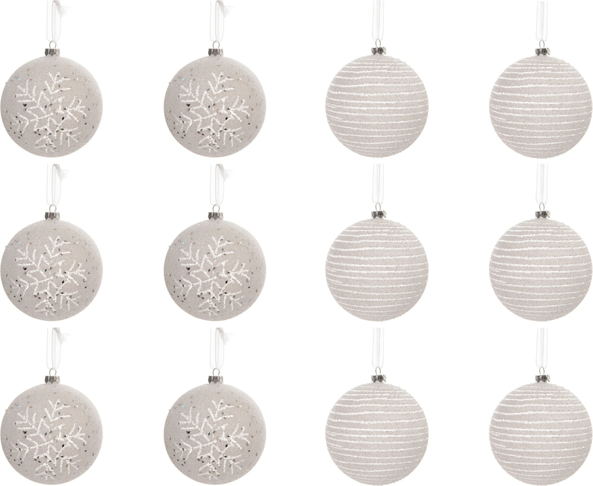 12 Weihnachtskugeln 8cm Kunststoff Schneeflocken Streifen Christbaumkugeln weiß