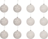 thumbnail of 12 Weihnachtskugeln 8cm Kunststoff Schneeflocken Streifen Christbaumkugeln weiß
