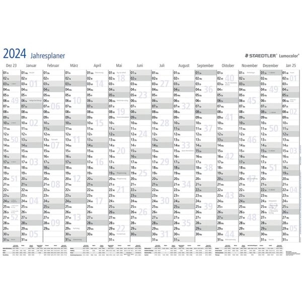 Jahresplaner Lumocolor, DIN A1, incl. Stift + Klemme, gerollt, korrigierbarer Jahreswandplaner, trocken abwischbar, mit den wichtigsten Feiertagen