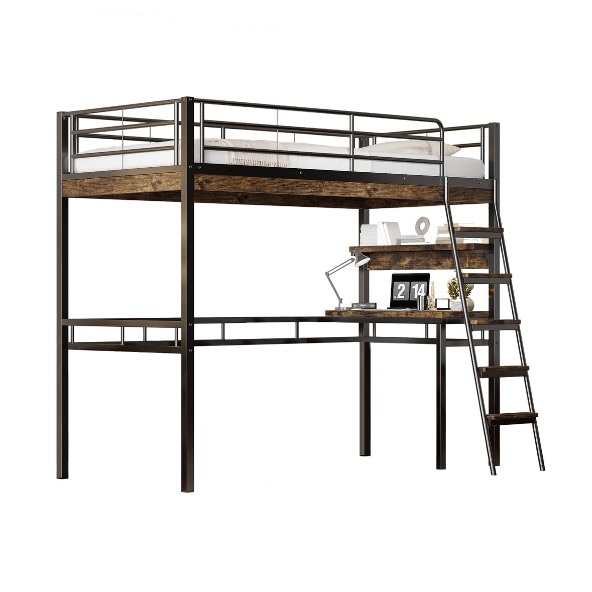 Hochbett 90x200 cm in Schwarz mit Schreibtisch, Regalen, Leiter und Geländer, Metallrahmen, EN747-zertifiziert, ohne Matratze