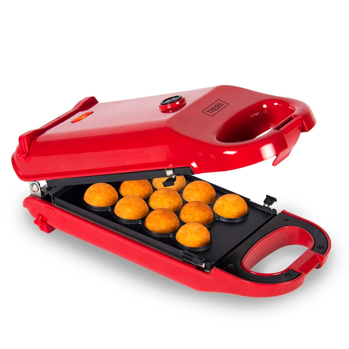 Trebs 99356 - 6-in-1 Snackmaker / Comfortcook für köstliche Waffeln, Donuts, Cake-Pops, Madeleines, Eiswaffelbecher und Küchlein/Muffins - red synthet