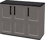 Gabinete de plástico gris con tres puertas.