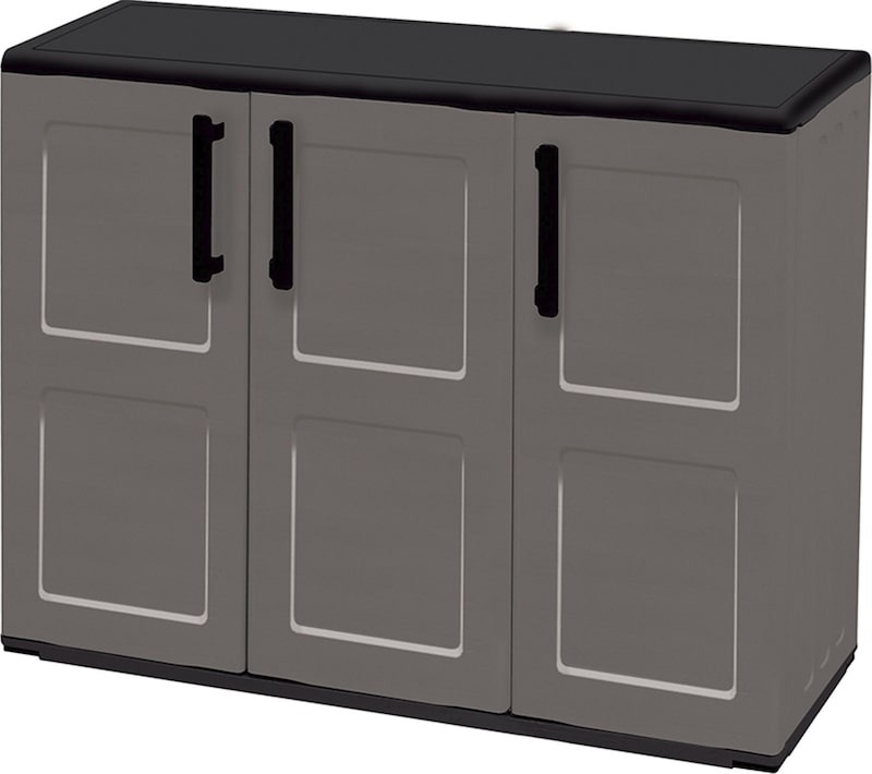 Gabinete de plástico gris con tres puertas.