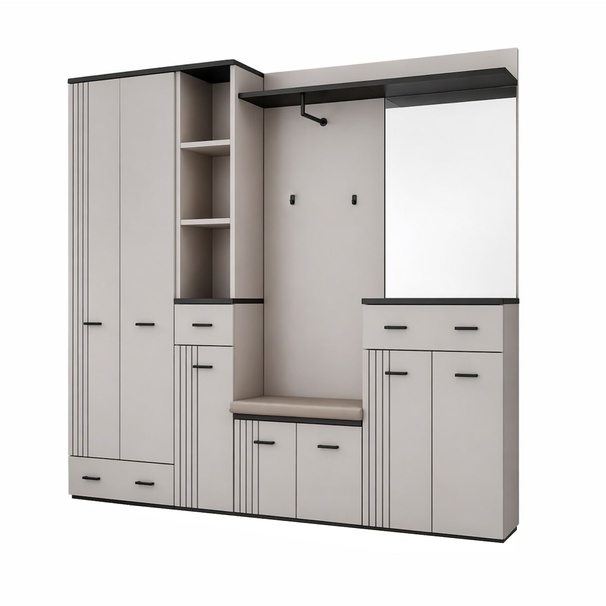 Mobile Ingresso Specchio Entrata Appendiabiti Scarpiera Armadietto Salvaspazio Moderno Casa Elegante Funzionale 210 x 32 x 203 Cm Cashmere Nero Opaco