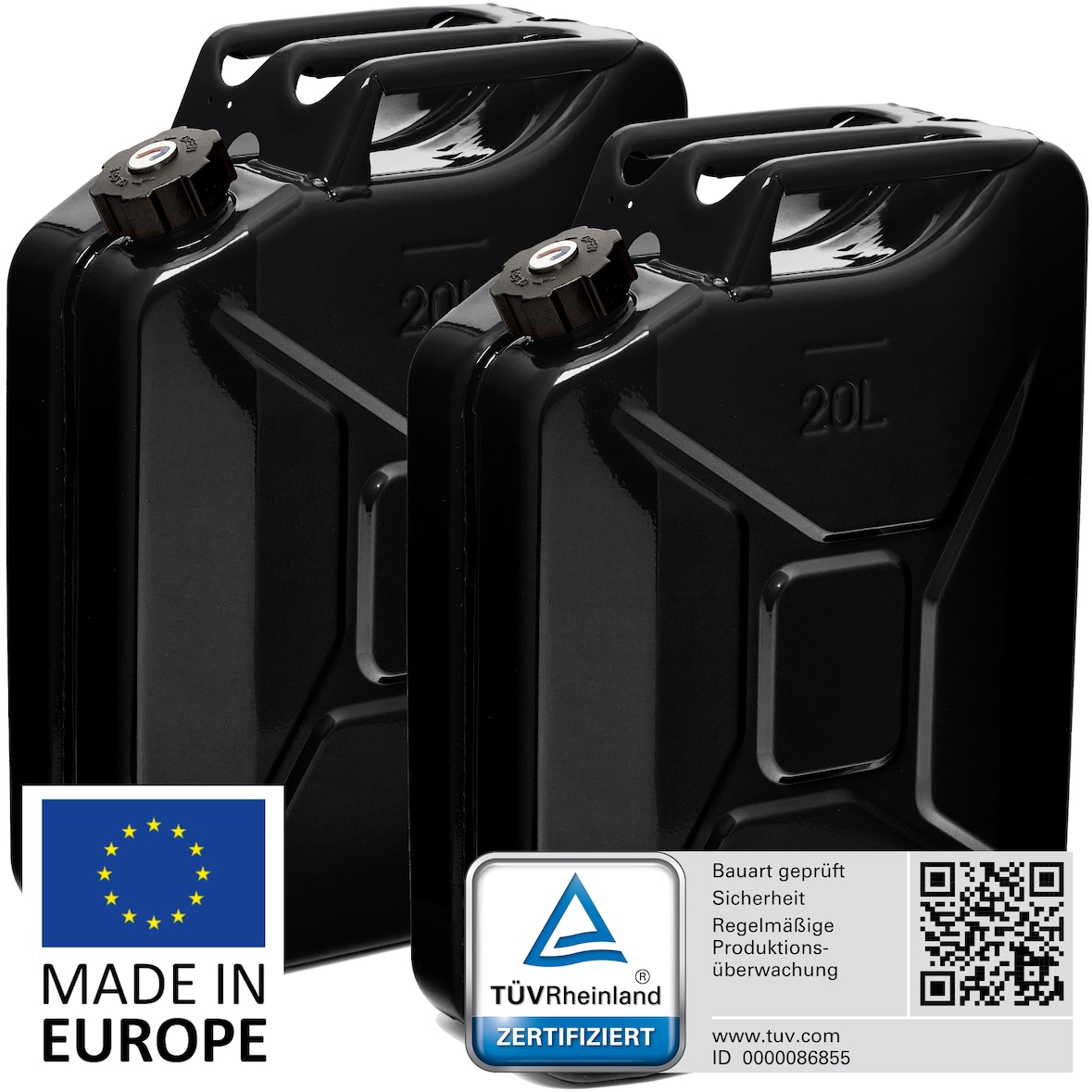 BW® Kraftstoffkanister Metall Benzinkanister 2x 20 Liter mit Schraubverschluss - Schwarz - RAL 9005 - TÜV-geprüft und UN-Zulassung - Made in Europe