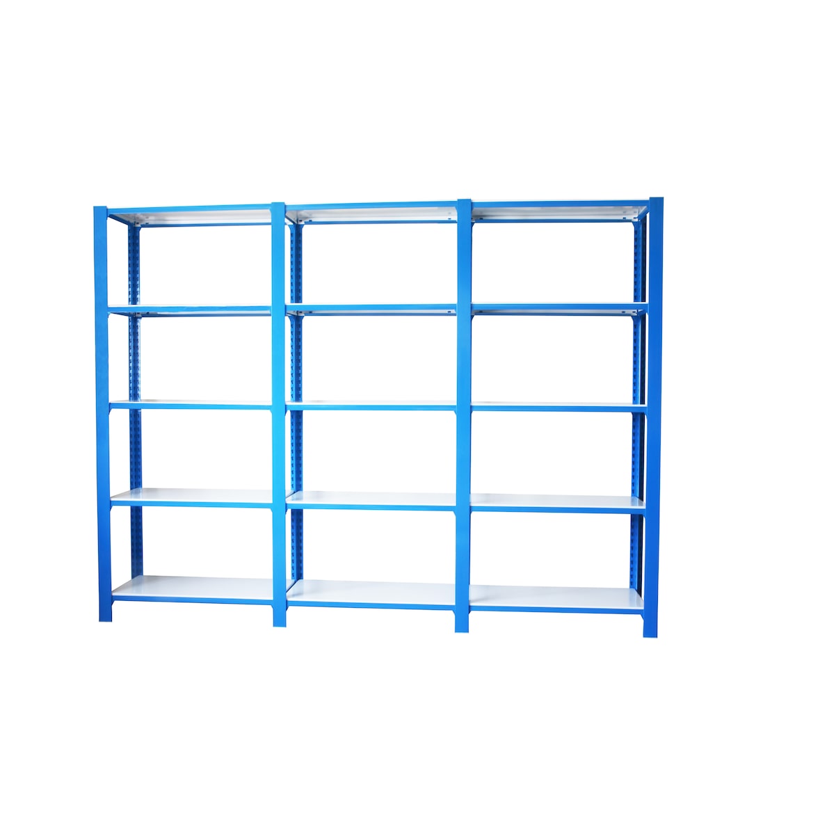 Módulo de 3 estantes Officlick com 5 prateleiras cada. Azul/branco 2100x2700x300 mm