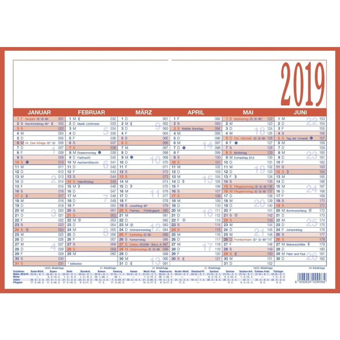 Tafelkalender - A4 quer, 2-farbig, 1 Jahr / 2 Seiten