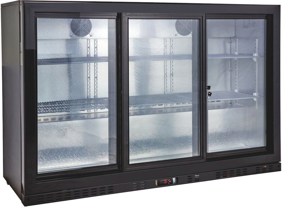 GastroHero Barkühlschrank ECO 350 schwarz 338 Liter Getränkekühlschrank Schiebetüren LED unterbaufähig Umluft