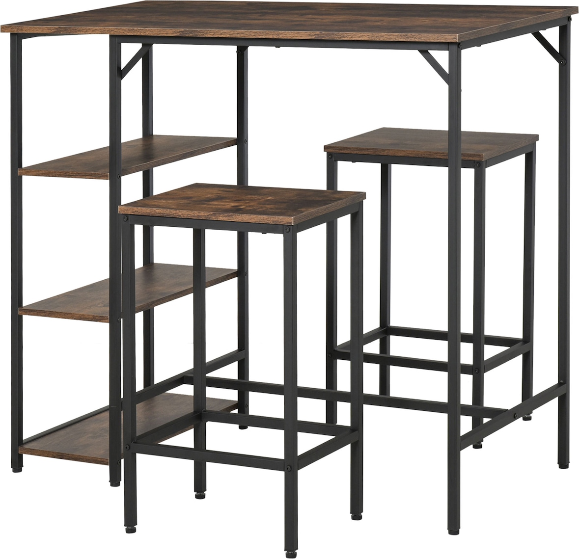 3-teiliges Bar-Set mit 2 Hockern, 3 Regalböden & Verstellbaren Füßen, Rustikal Braun, 109 x 60 x 100 cm