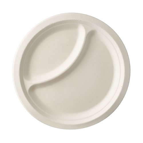10 lots de 50 Assiettes en canne à sucre "pure" 2 compartiments Ø 23 cm · 2 cm blanc