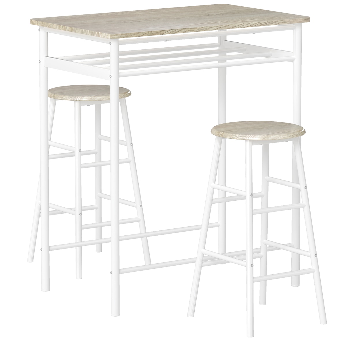 HOMCOM juego de mueble de bar set de mesa alta y 2 taburetes con estante de almacenamiento y marco de metal para cocina comedor 80x50x90 cm