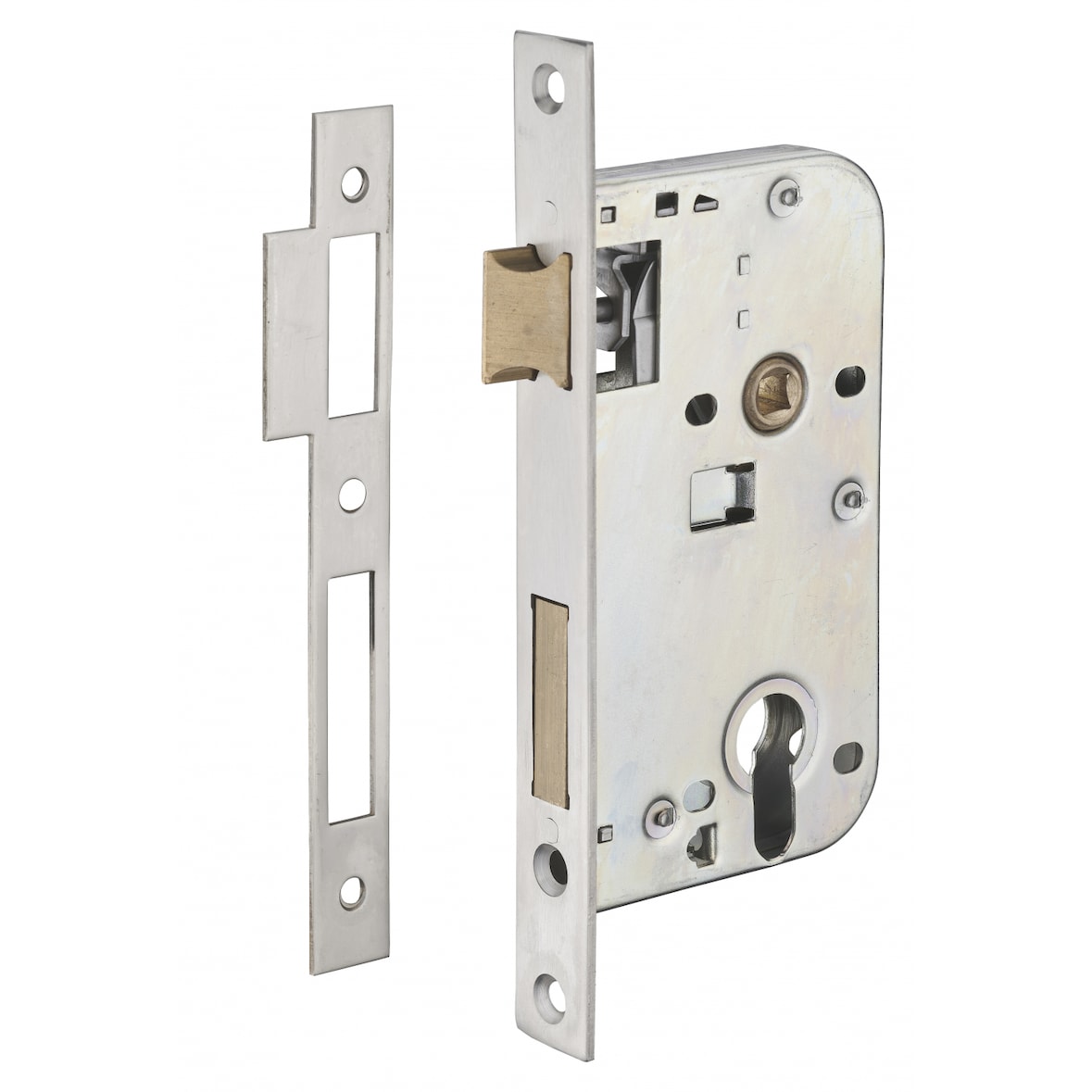 Boitier de serrure encastrable à cylindre pour porte d'entrée, axe 50mm, têtière 200x22mm laiton inox brossé - THIRARD