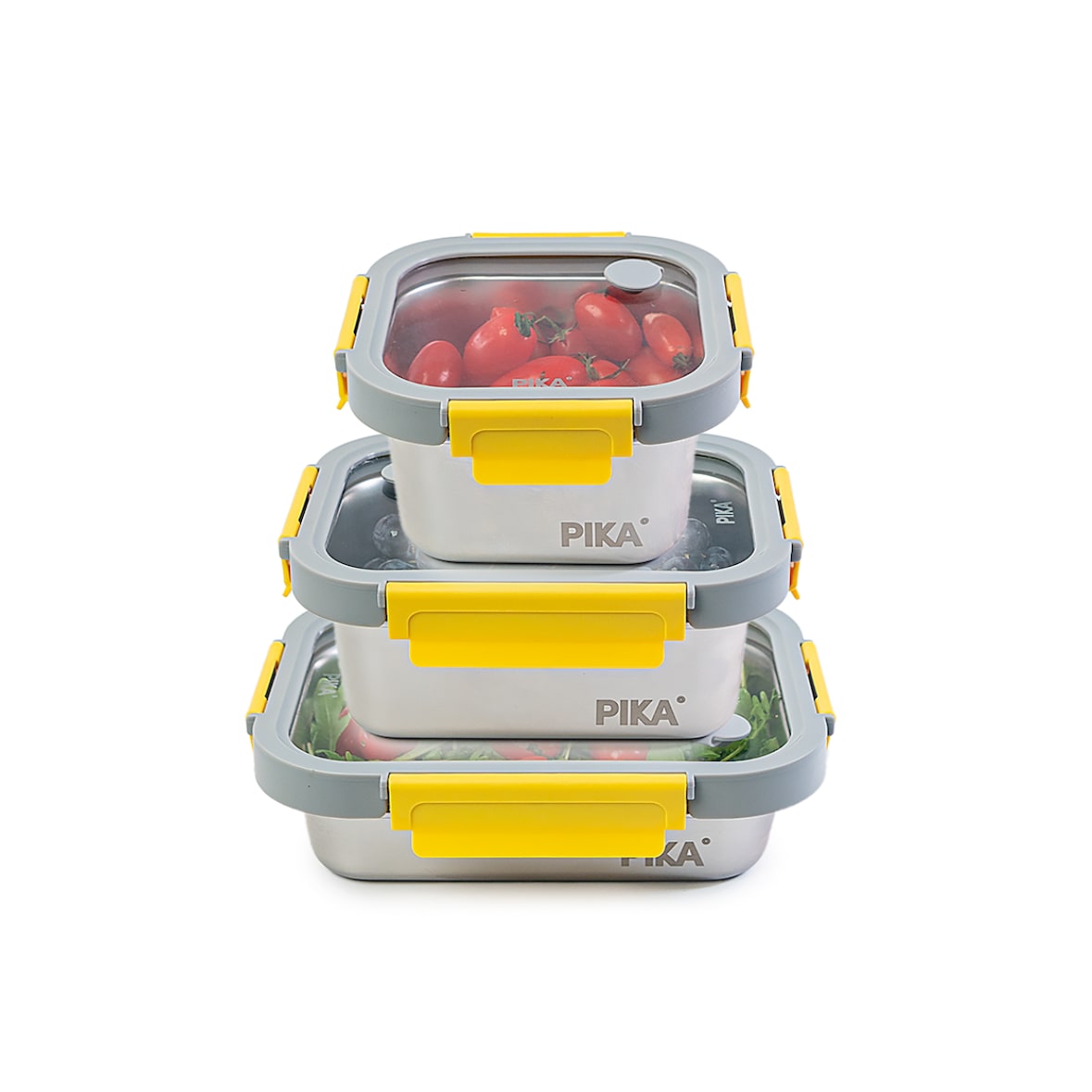 PIKA - Lot de 3 boites alimentaires en inox et couvercle en verre trempé - 600ml + 800ml + 820ml - Compatible micro-ondes - MetalShock