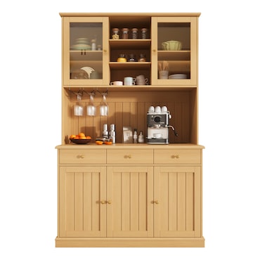 Merax Buffetkast 120 x 40 x 191 cm, hoge vitrinekast met glazen deuren, barvak, glashouder, stopcontacten, USB-A en USB-C, naturel