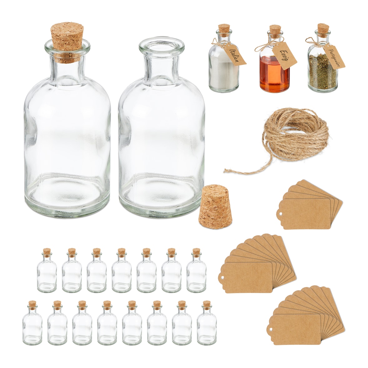 Relaxdays Dekogläser 20er Set, Glasflaschen mit Korken, 125 ml, Gewürzgläser zum Befüllen mit Deko, transparent/natur