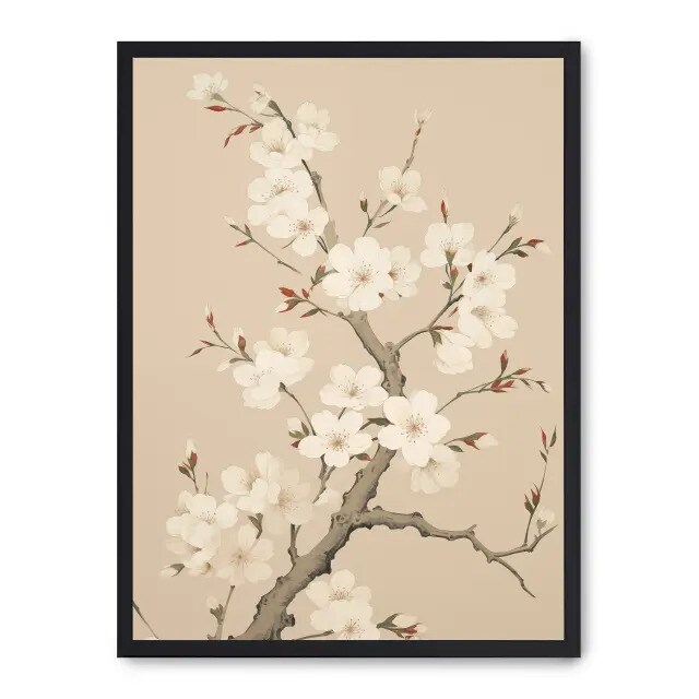 Lámina con marco roble WHITE CHERRY BLOSSOMS 21x30 cm Product size: 40x50 cm;  JAP 004  impreso en papel de primera calidad de 180gr.