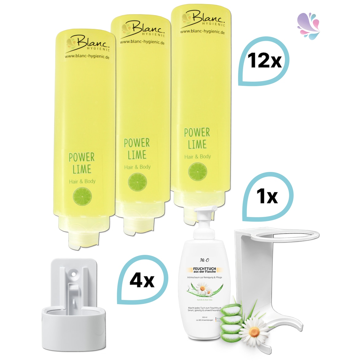 KOMPLETT-SET Duscherlebnis 12x425ml verschied. Düfte, 1x300ml Intim Reinigungsschaum+ 5x Wandhalterung : Duftnote - Power Lime: Limette, Citrus, Farb