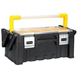 thumbnail of Organiseur à outils, polypropylène, 2 niveaux, poignée alu, cantilever, anti-basculement, 12 godets, fermetures métal, noir/jaune, 455x240x200 mm
