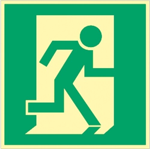 Aufkleber Notausgang/Rettungsweg rechts, Folie, langnachleuchtend, 160-mcd, 148x148 mm