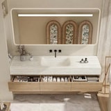 thumbnail of Wandhängendes Badmöbel-Set Travertin-Look mit Sinterstein Waschbecken Spiegel Unterschrank Ablage mit Armaturloch 120×55 cm【RW9865-120 BKK】