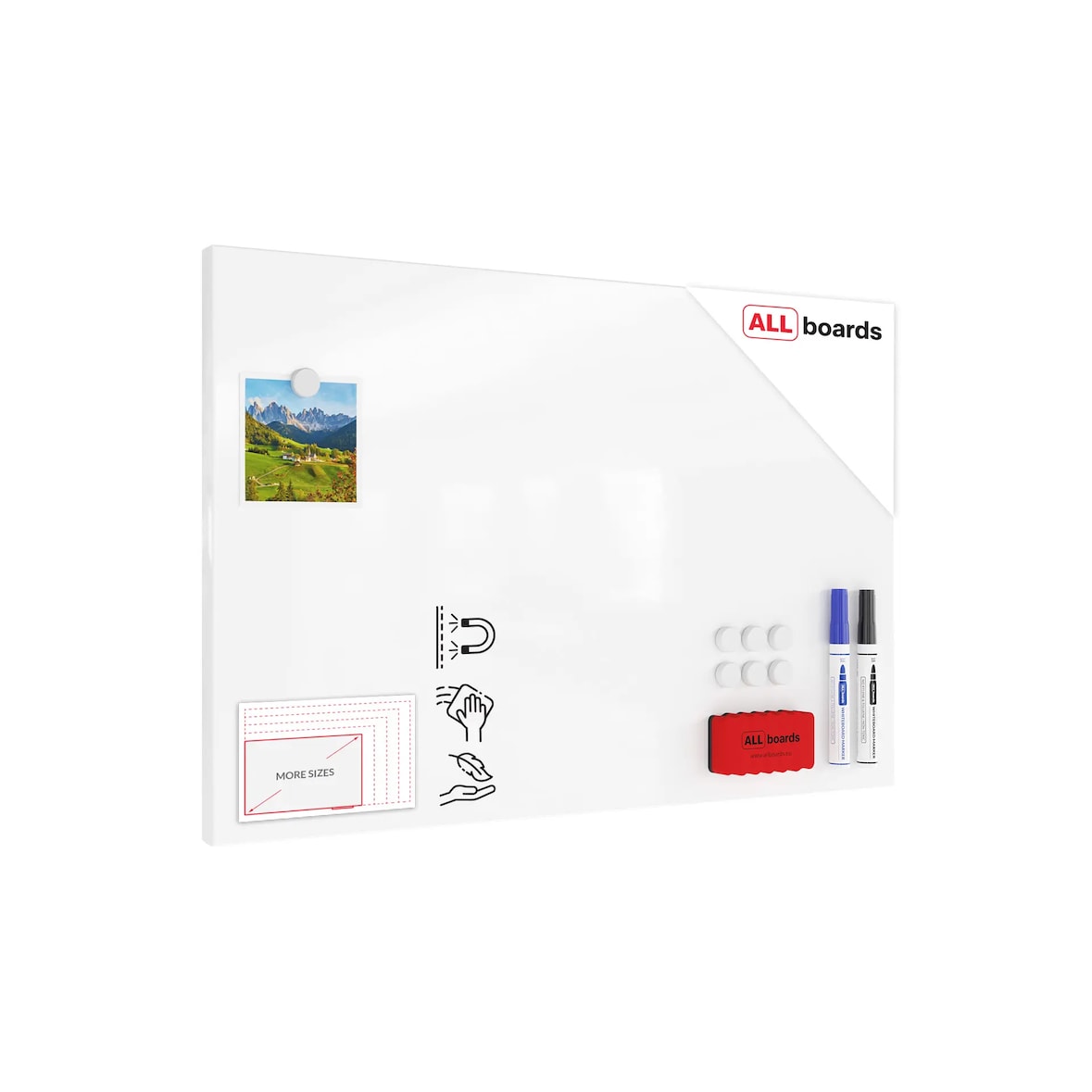 ALLboards Metallische Magnettafel Rahmenlos CLASSIC WHITE 60x40cm Memoboard für jede Art von Magneten + 4 Marker, 10 Magnete und Schwamm