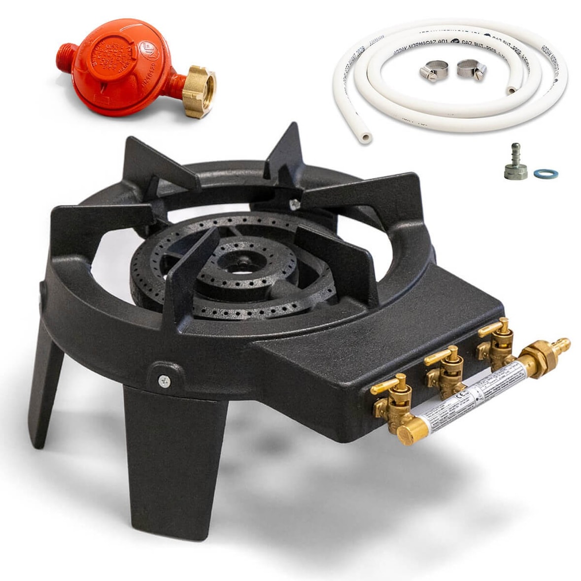 Rechaud à gaz 9,8 KW Fonte véritable 4 pieds 2 bruleurs + Tuyau gaz flexible 1.50m + Détendeur Propane TRIGLAV