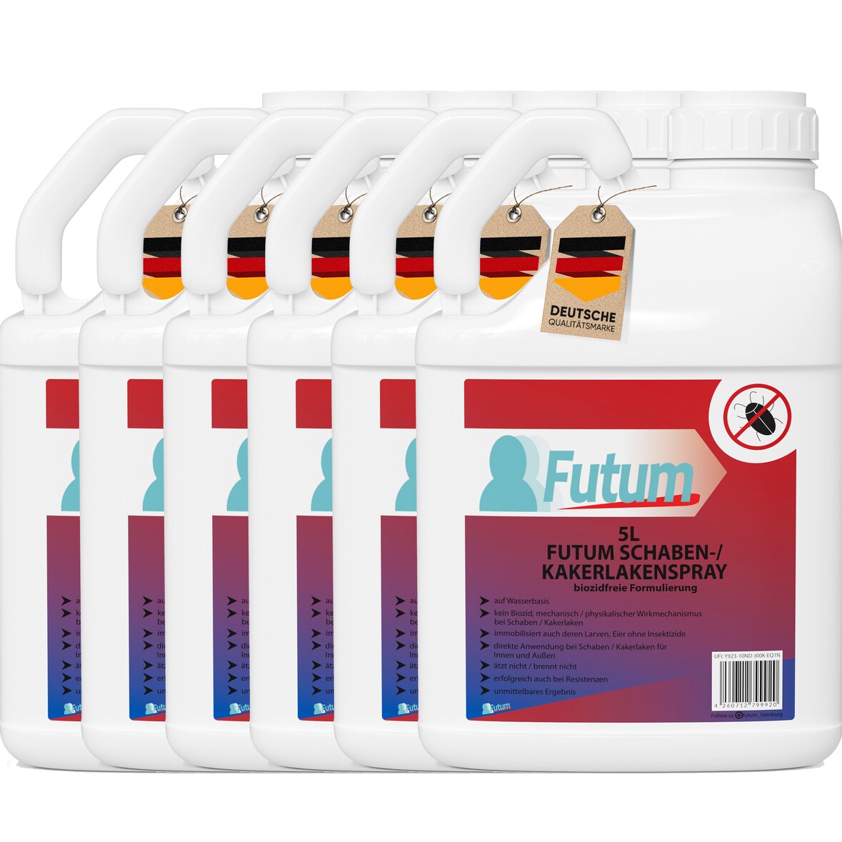FUTUM 6x5L Schabenspray / Kakerlakenspray bekämpft Insekten, Eier, Larven, Insektenspray ohne Biozide auf Wasserbasis,  Sofortwirkung ohne Flecken