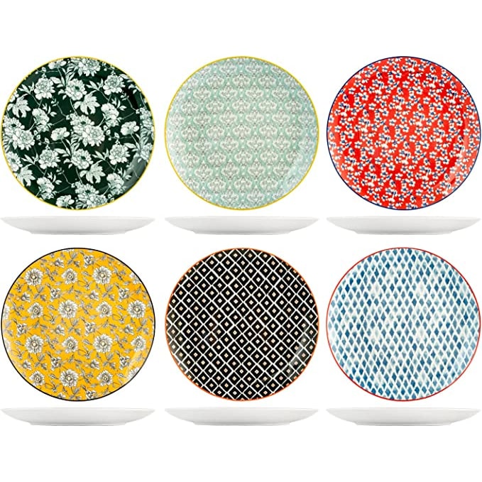 H&H Confezione 6 Piatti Piani Colourful Forma Coupe Decorato Porcellana, Cm 27