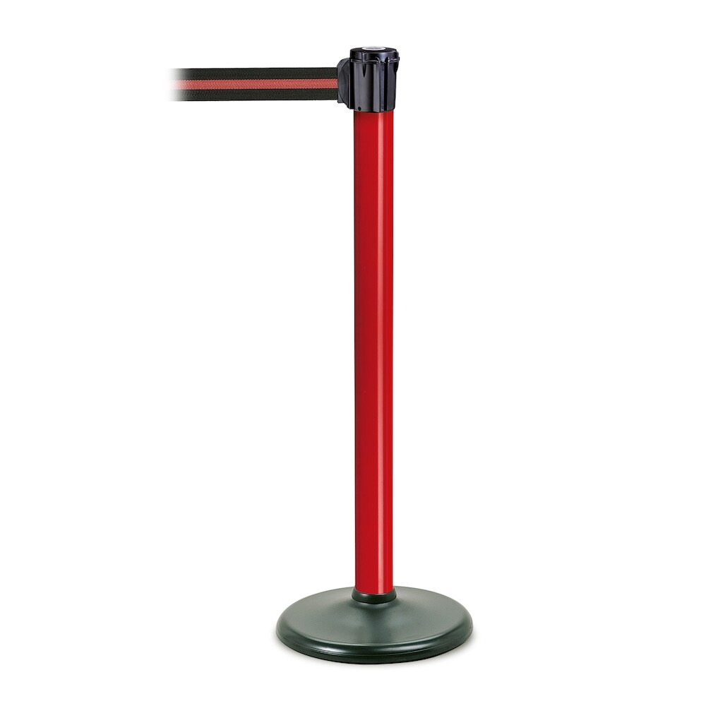 PROREGAL Gurtständer mit schwerem Bodenteller & integriertem Gurtband | HxØ 95,5x6cm | Gurtbandlänge 3m | Rot