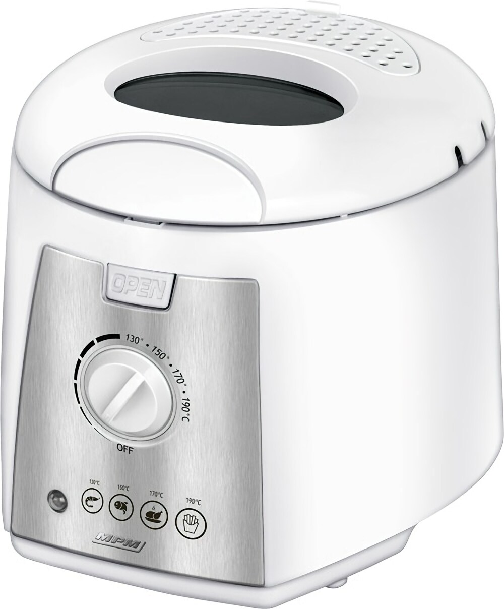 MPM MFR-07 Freidora Eléctrica Compacta, 1,5 L, Cubeta Desmontable Antiadherente, Regulador Temperatura, 1100W, Bianco/Grigio