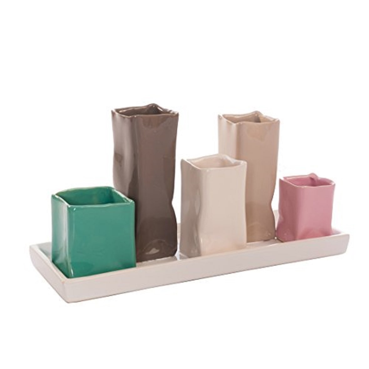 Jinfa Handgefertigte kleine Keramik Deko Blumenvasen Set aus 5 Vasen in bunt auf einem Tablett