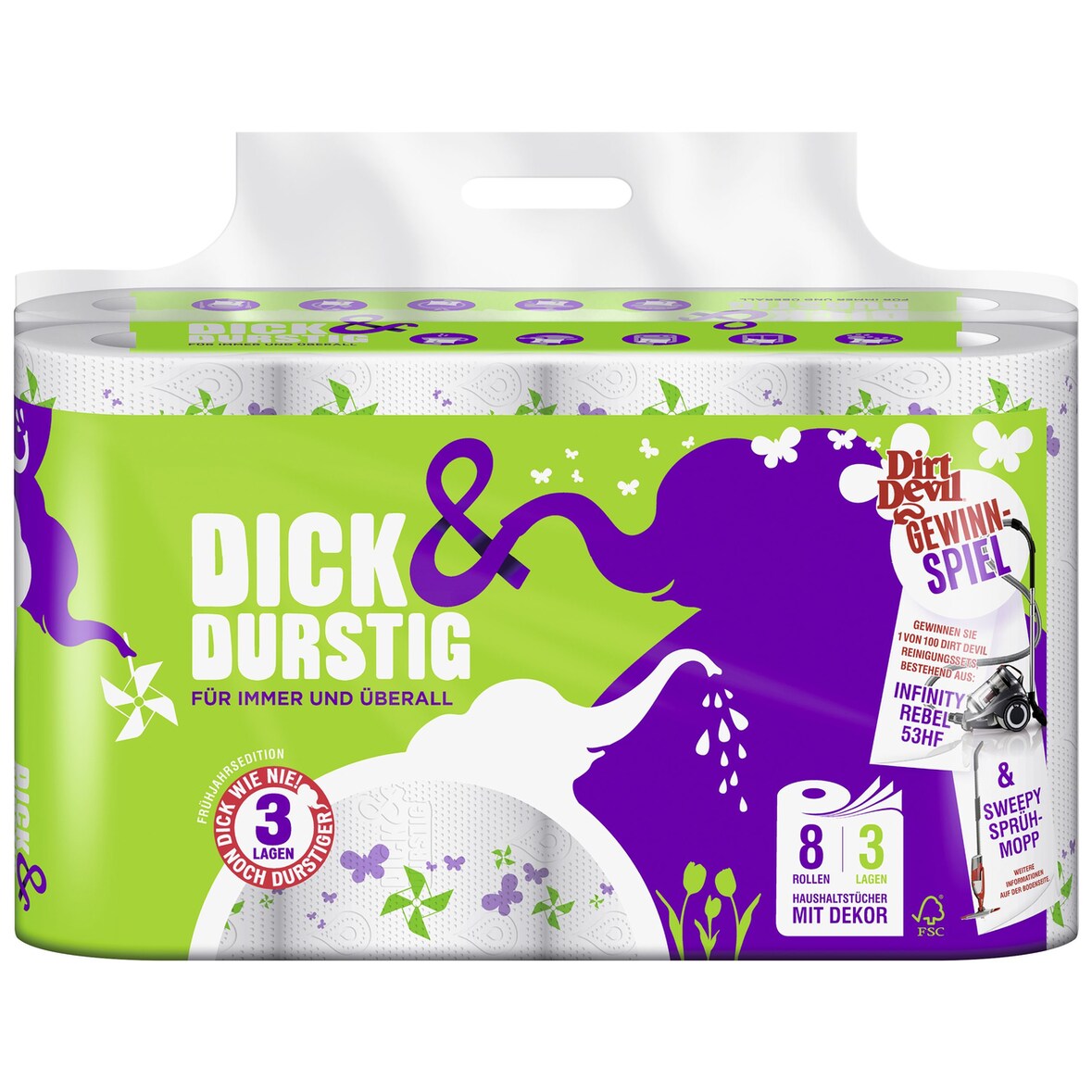 Dick&Durstig Haushaltstücher, 3 lagig, weiß, 8 Rolle