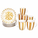 thumbnail of 12tlg Frühstücksset Wald ocker Steingut 6 Personen Teller Becher Zweige Streifen