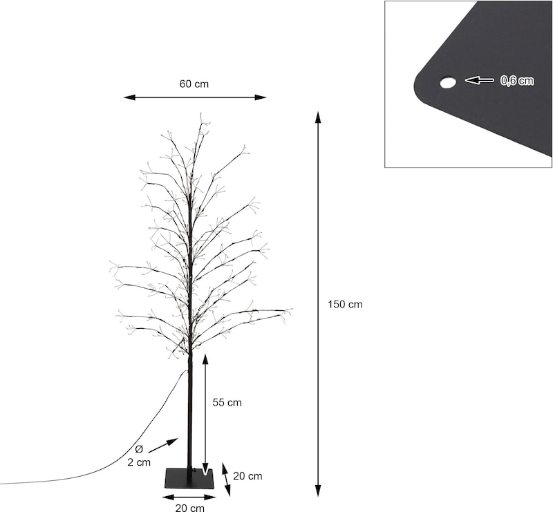 Ein dekorativer Baum mit Lichtern und einem Sockel.