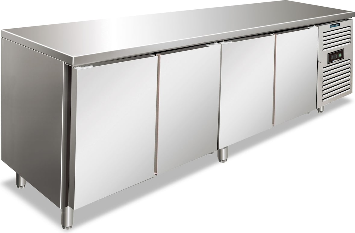 KLIMAITALIA Edelstahl-Gefriertisch mit 4 belüfteten Türen. Automatisches Auftauen. Temperatur -22°C/-18°C.  Maße LxDxH 2230x60x86 cm. SNACK4100BTF