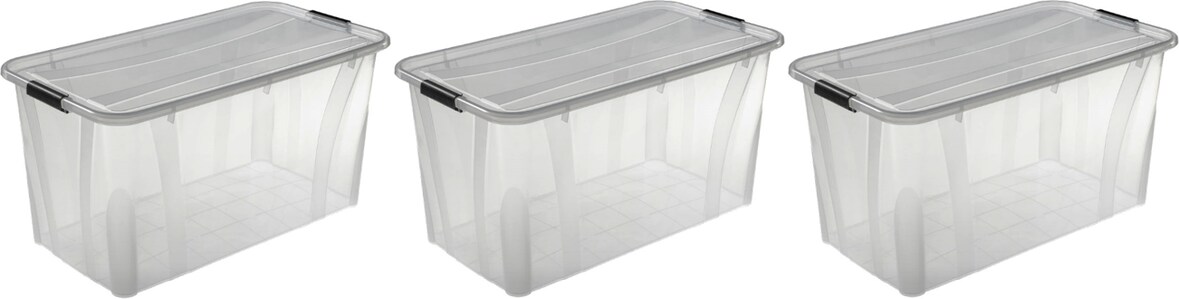 3 Stück Aufbewahrungsbox transparent 60 Liter mit Deckel und Klickverschluss 610 x 450 x 360 mm inkl. Rollen