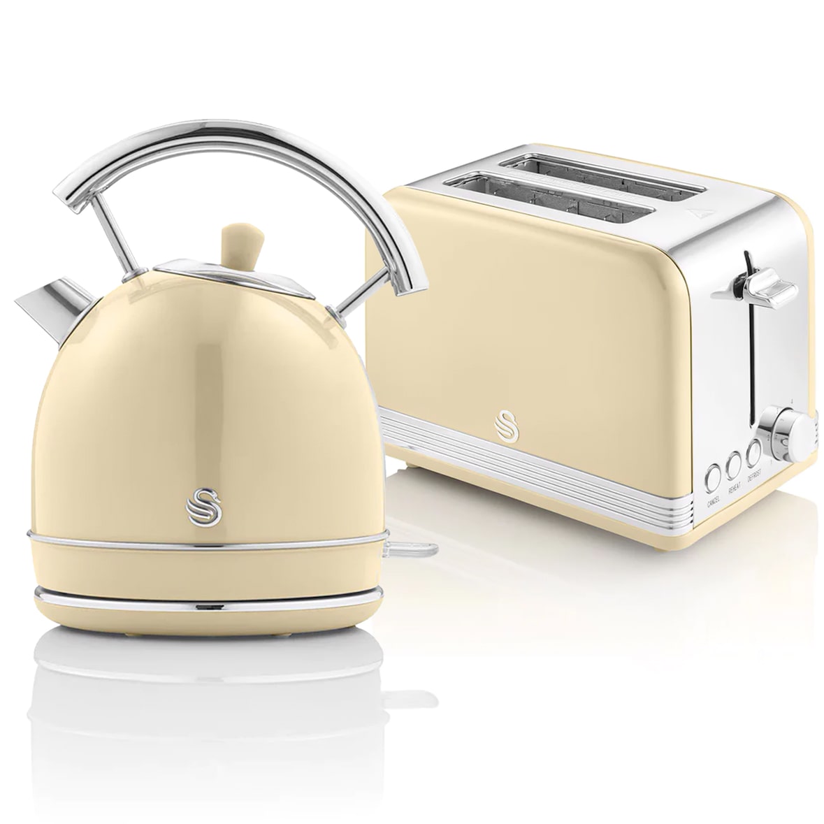 SWAN STP7050CNEU Retro Set Frühstück, Wasserkocher 1,8L Kabellos, 2 Breitschlitz-Toaster, Vintage, Creme, 850W