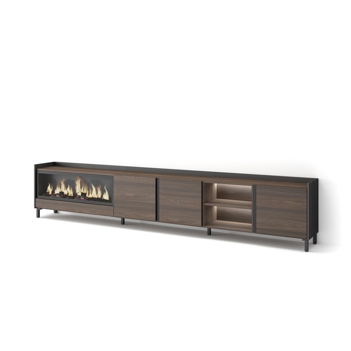 TV-Schrank, Lowboard, 315x61x35 cm, Für TV-Geräte bis zu 80", Elektrokamin XXL, Industriedesign, LED, Dunkler Eiche und Schwarz