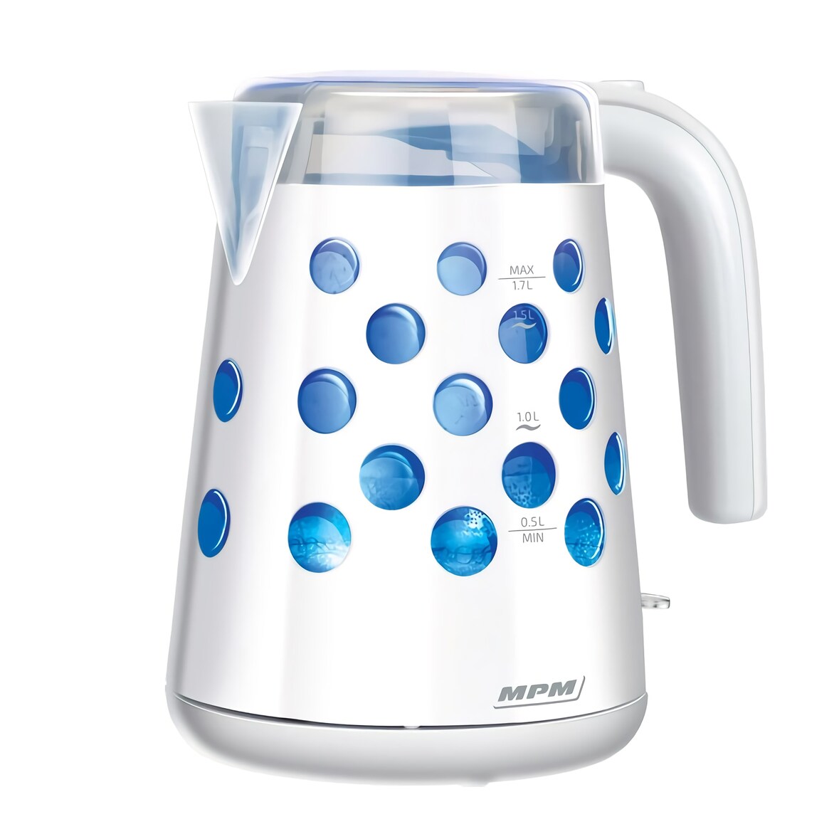 MPM MCZ-86 Hervidor de Agua Eléctrico 1,7 L, Recipiente Plástico sin BPA, Inalámbrico 360º sin Cable, Apagado Automático, Iluminado,  Blanco, 2200W