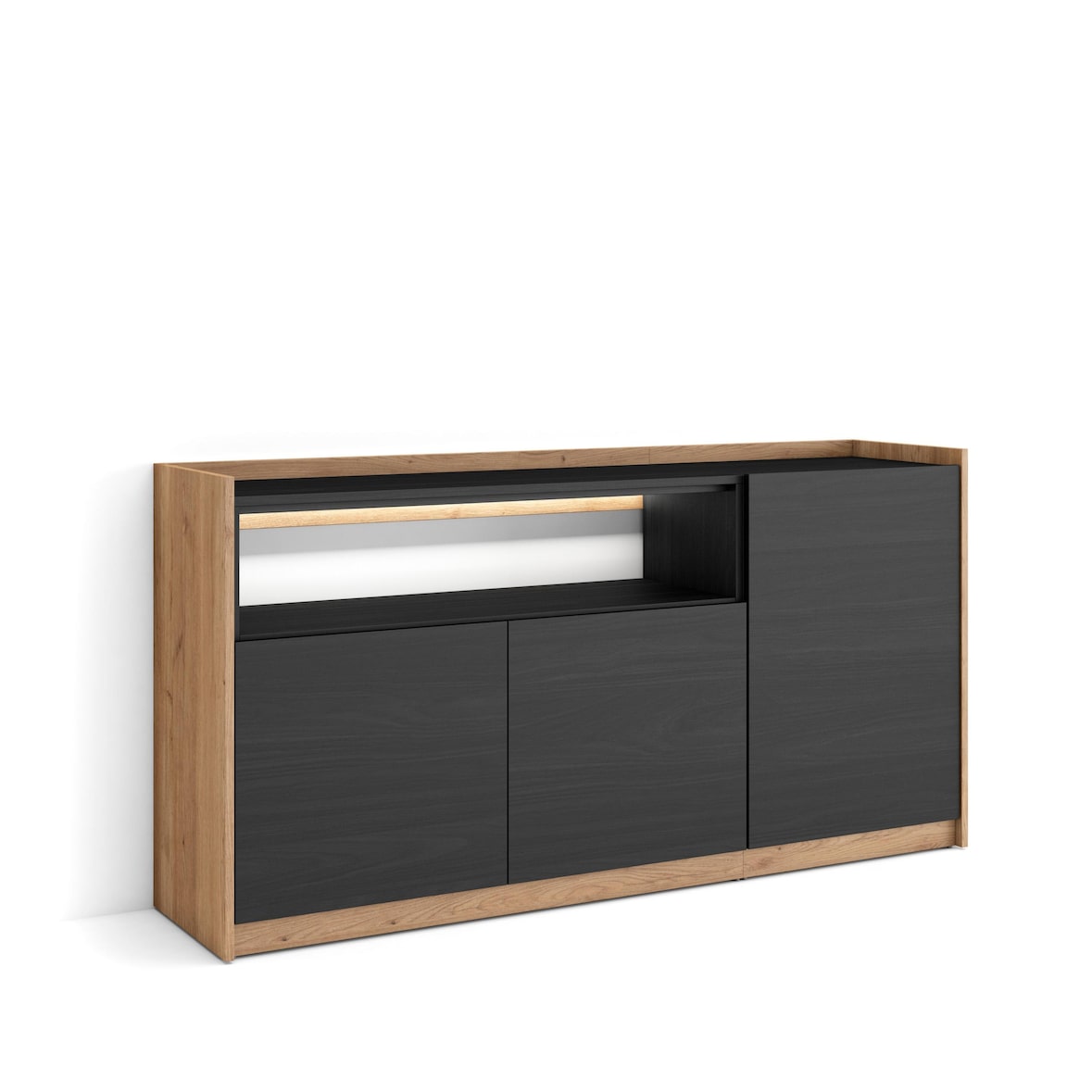 Sideboard, Highboard, 156x80x37 cm, 3 Türen, LED, Schwarz Eiche