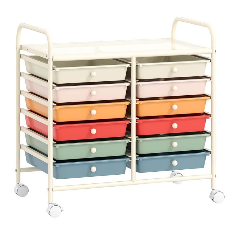 COSTWAY Carro con ruedas con 12 cajones apilables, contenedor con ruedas con estructura metálica y estante, 64 x 38 x 62 cm (Macaroon)