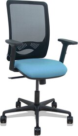 thumbnail of Silla Zulema sincro malla negra asiento bali azul cielo brazos 2D ruedas 65mm