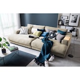 thumbnail of Sofá grande KAWOLA XL MADELINE con bandeja de madera natural para reposabrazos, tela blanca crema