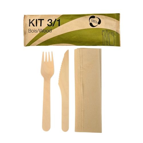 Juegos de cubiertos de madera 3/1 bolsa de papel (tenedor, cuchillo, servilleta) (500 unidades)