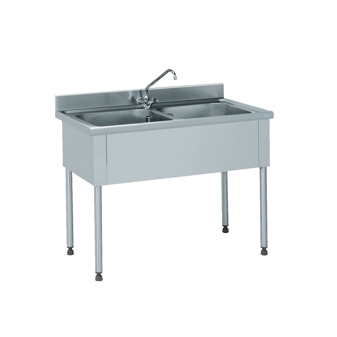 Tournus-aanrecht 1200x600x900mm met 1 wastafel van 500x500x250mm. Met 3-zijdige bekleding, opstaande rand van 100mm. Met kraan. 1 afdruipvlak links.