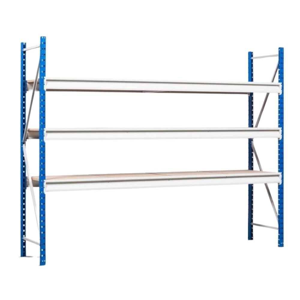 PROREGAL Weitspannregal MAXIMUS Pro | Grundregal | HxBxT 200x150x120cm | 2 Ebenen | Spanplatten-Fachboden | Fachlast 850kg | Lichtblau/Lichtgrau
