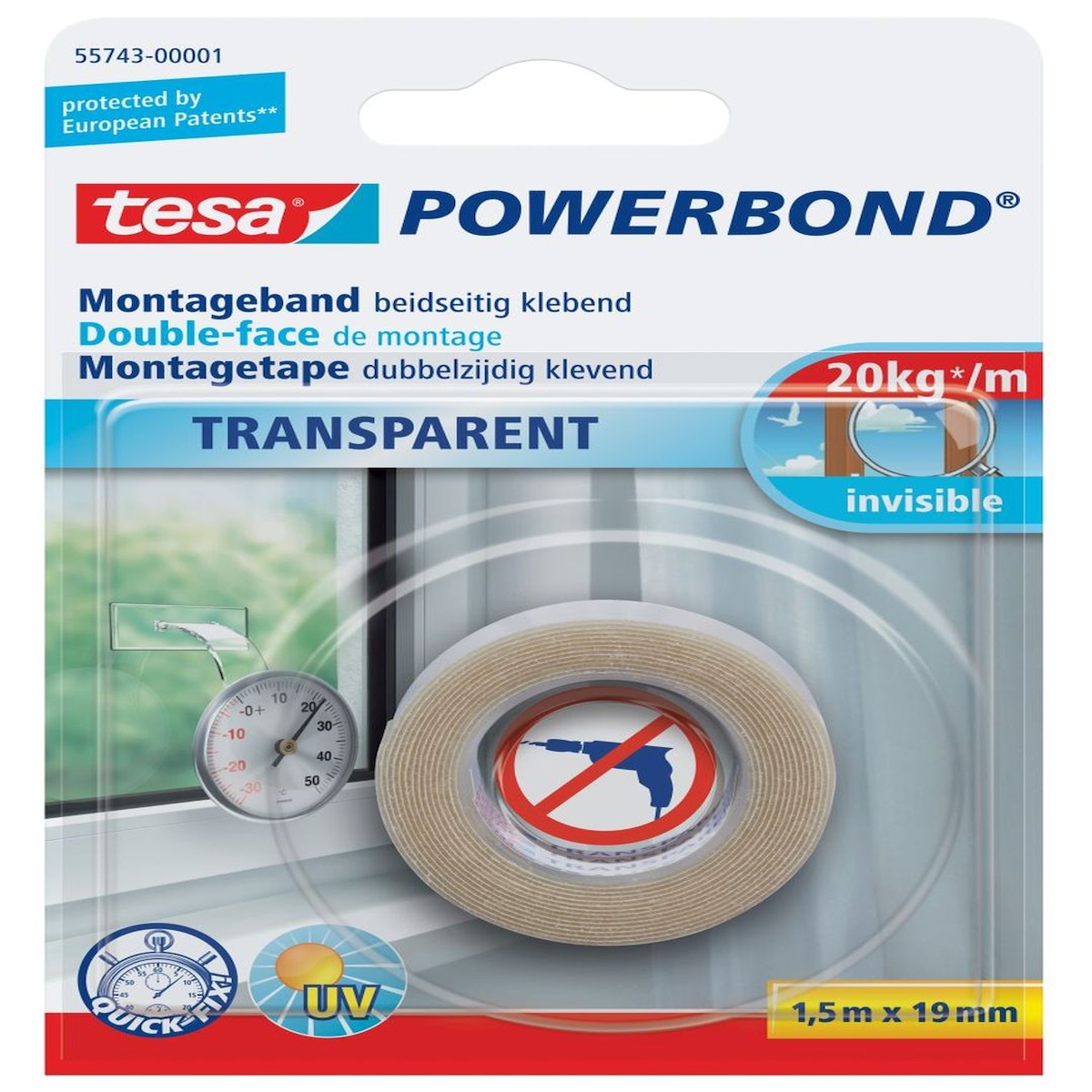 tesa 55743-00001-02 Powerbond Montageband, transparent, 19 mm x 1,5 m