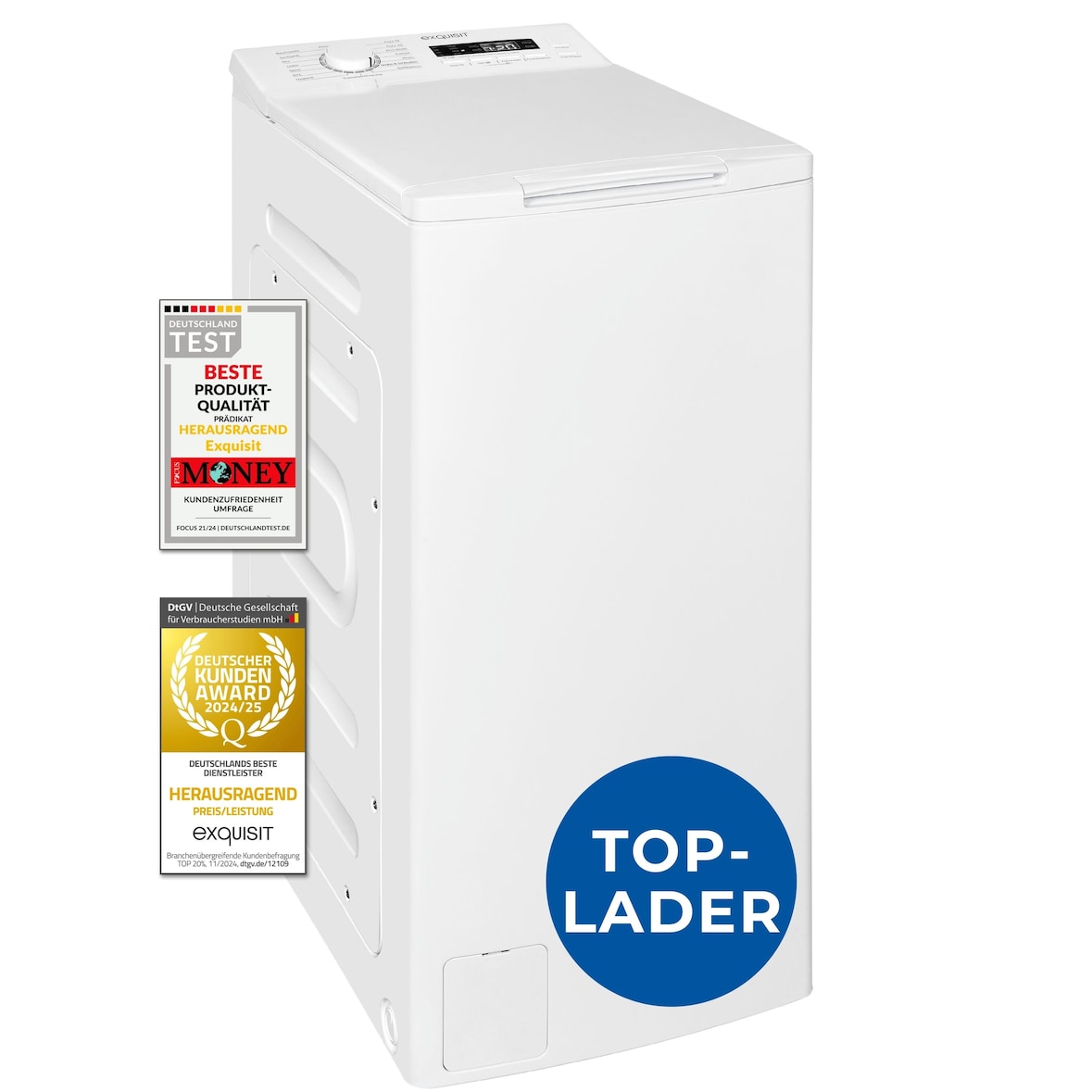 Exquisit Waschmaschine 7,5kg, Toplader, Waschmaschine schmal, Energieklasse A, 1200 U/Min, Startzeitvorwahl, Kurzprogramm, LTO1207-030A weiss