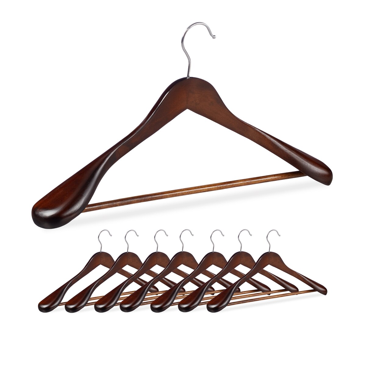 Relaxdays Anzug Kleiderbügel, 8er Set, breite Schulter, Hosenstange, für Jacke, Hemd, Hose, Holzkleiderbügel, braun